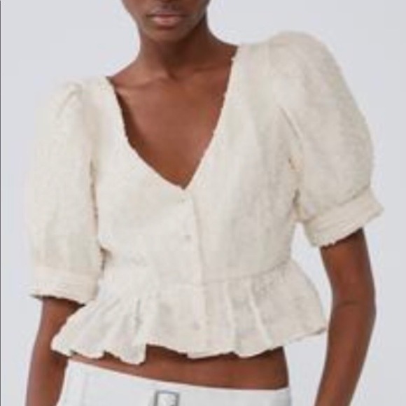 Zara‎ Floral Texture Peplum Top Womens Size S Puff Sleeve Blouse Cream - Picture 15 of 16